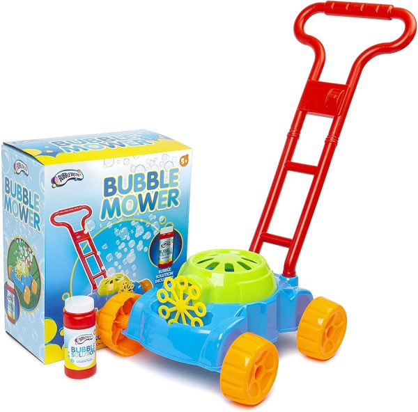 bubble lawn mower toy kit, mower, solution and box