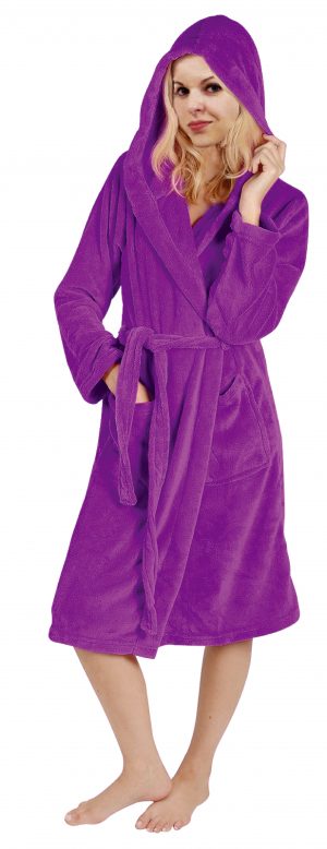 woman wearing the ladies purple fleece dressing gown with hood