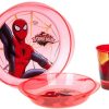 Spiderman Dinner Set Spiderman Dinner Set, light red bowls with Spiderman graphics and cup