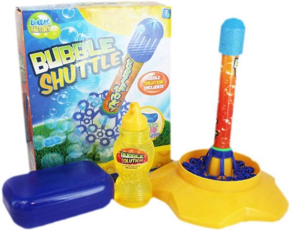 Bubble Shuttle Rocket in yellow stand, next to box and bubble solution
