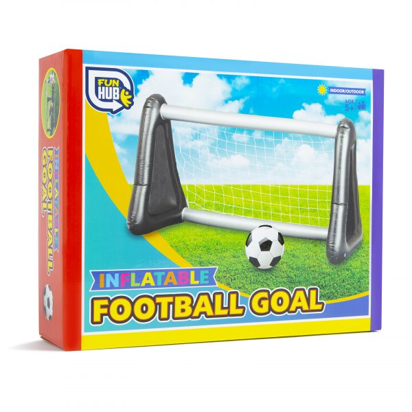 inflatable football goal in box, silver and white goal