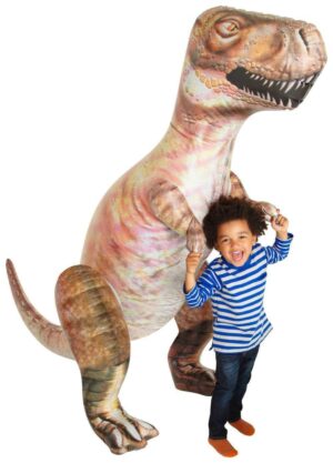 kid holding giant inflatable t-rex