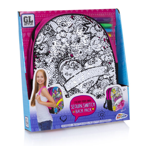 colour your own sequin switch back pack girl carrying sequin backpack with colouring pens