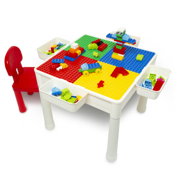 lego bricks table with red chair