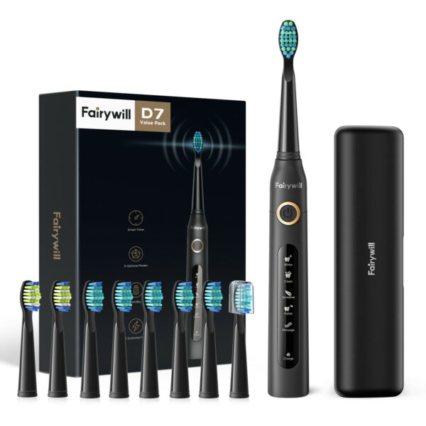 black sonic electric toothbrush with 8 replacement heads and carry travel case